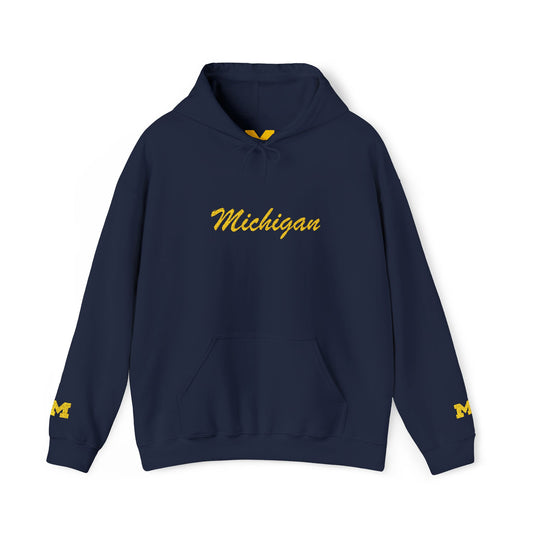 Michigan Script Hoodie – Yellow Script Logo Hooded Sweatshirt