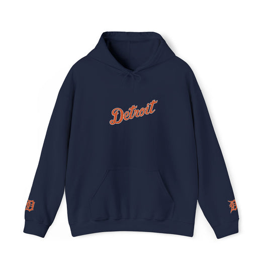 Detroit Floral Script Hoodie — Navy Hooded Sweatshirt with Flower Logo